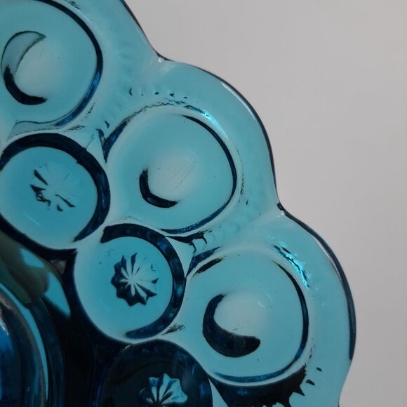 LE Smith Blue Glass Moons & Stars Scalloped Edge Pedestal Bowl Compote - Picture 10 of 13